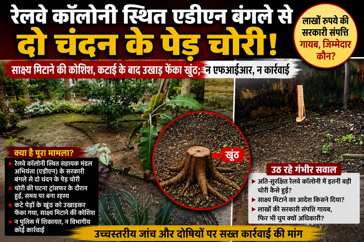 रेलवे एडीएन बंगले से दो चंदन के पेड़ चोरी, साक्ष्य मिटाने उखाड़ फेंका खूंट; न एफआईआर, न कार्रवाई